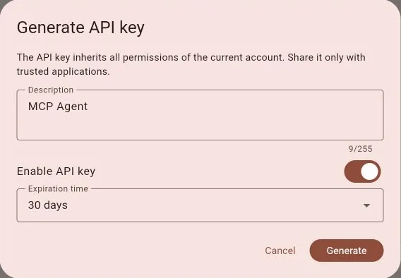 Generate API key form with MCP Agent as the description, the key enabled, and a 30-day expiration