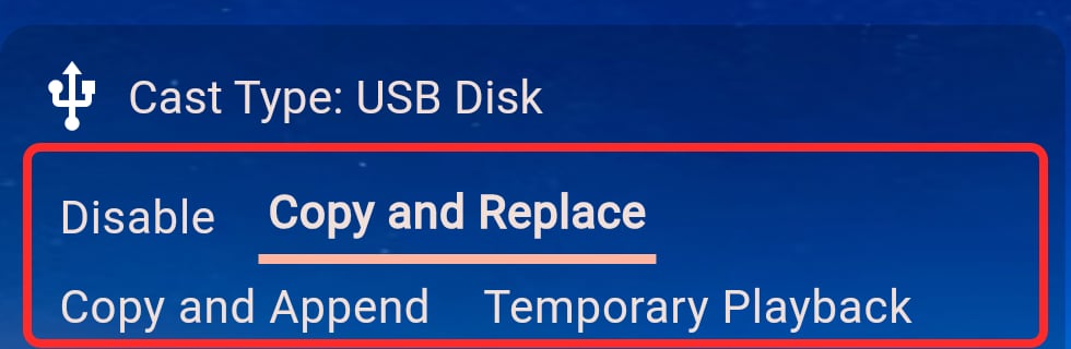 The four USB Disk Play modes, with the mode selector highlighted in red